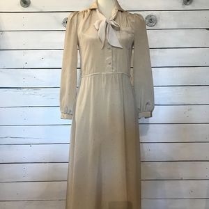 Vintage Beige Bishop Sleeve Dress with Bow Tie